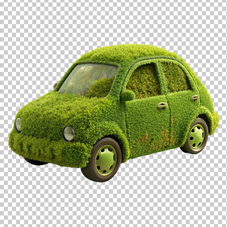 PSD un coche verde cubierto de musgo y hierba en un fondo transparente
