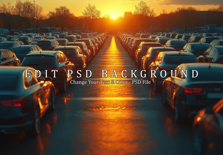 PSD los coches alineados al atardecer
