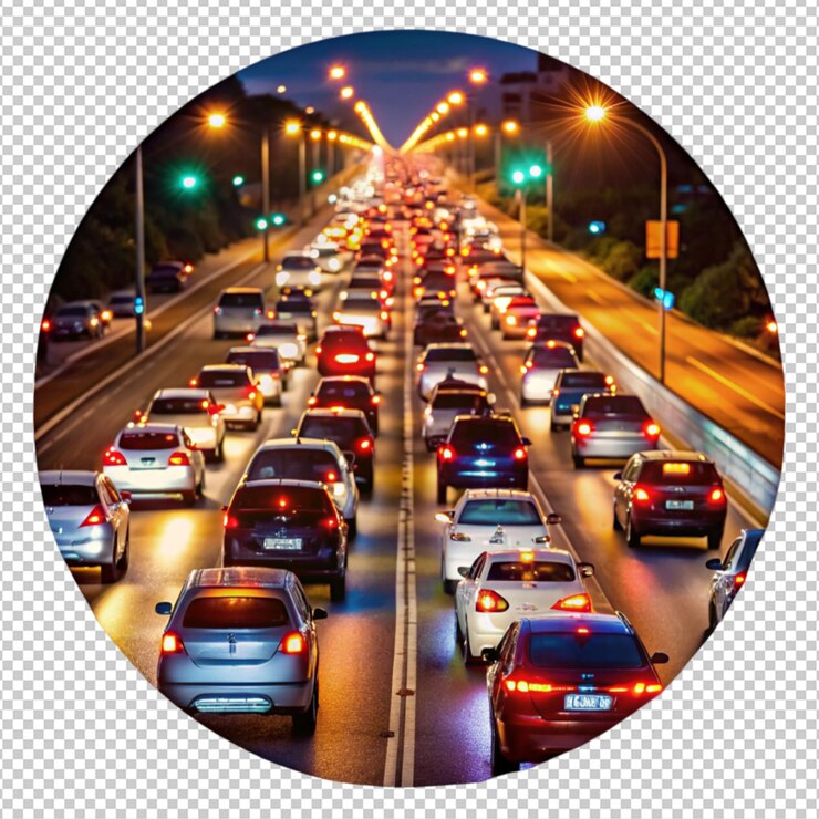 PSD coches en la carretera por la noche vista trasera en un fondo transparente