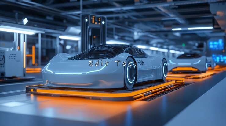 PSD coches eléctricos futuristas en una línea de ensamblaje automatizada