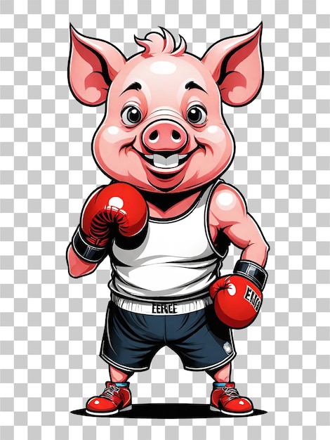 PSD cochon de dessin animé en illustration de gants de boxe sur fond transparent