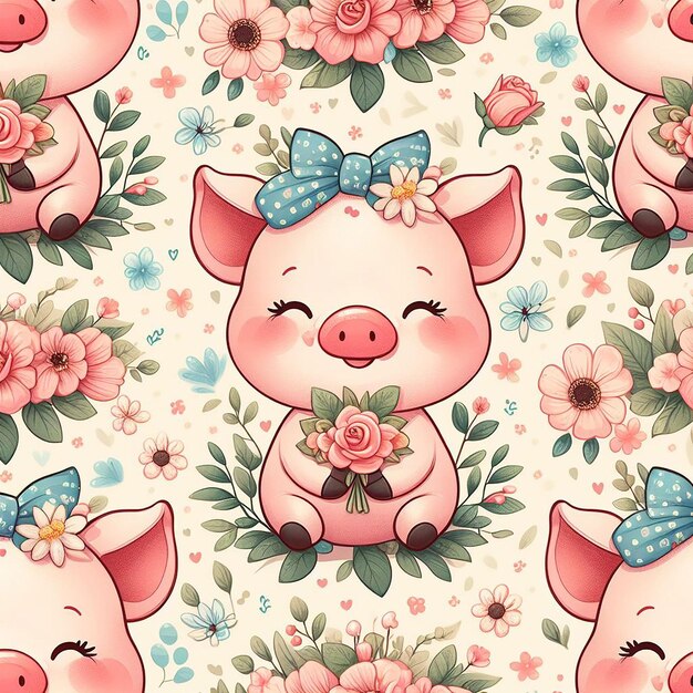 PSD un cochon mignon avec un arrière-plan de fleurs avec un motif sans couture