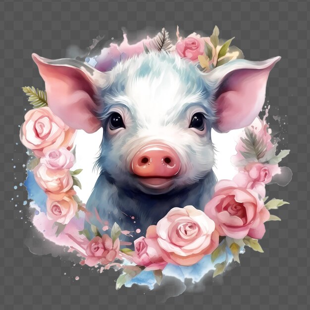 PSD un cochon avec des roses et une couronne de roses dessus