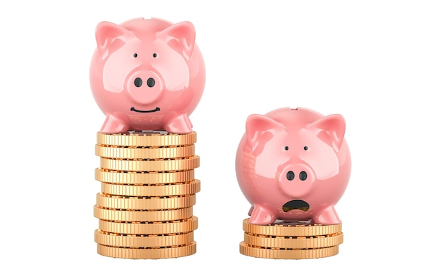 Des cochons sur différentes piles de pièces Concept d'inégalité sociale Rendering 3D isolé sur un fond transparent