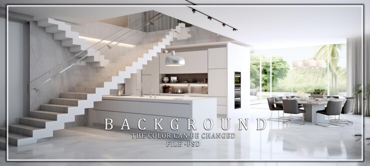 PSD cocina y comedor modernos con escalera de vidrio