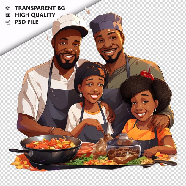 PSD la cocina de la familia negra en 3d de estilo de dibujos animados con fondo blanco es