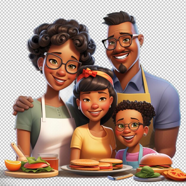 PSD la cocina de la familia negra en 3d estilo de dibujos animados de fondo transparente es