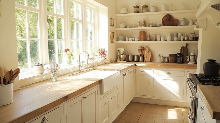 PSD cocina de granja soleada con encimeras de madera, armarios blancos y ventana grande