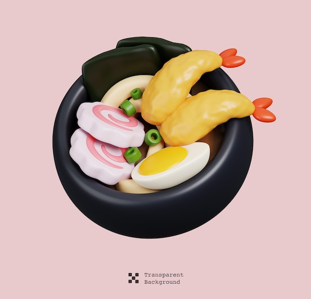 Cocina japonesa deliciosa tempura gambas fideos udon comida japonesa mínimo icono 3D Rendering