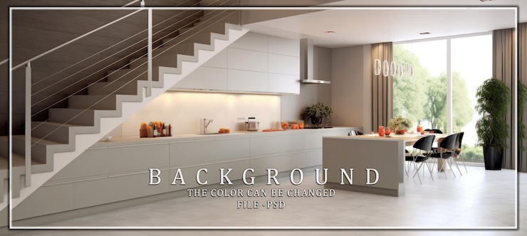PSD cocina moderna con escalera y comedor