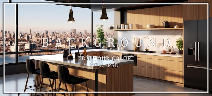PSD cocina moderna con vistas a la ciudad
