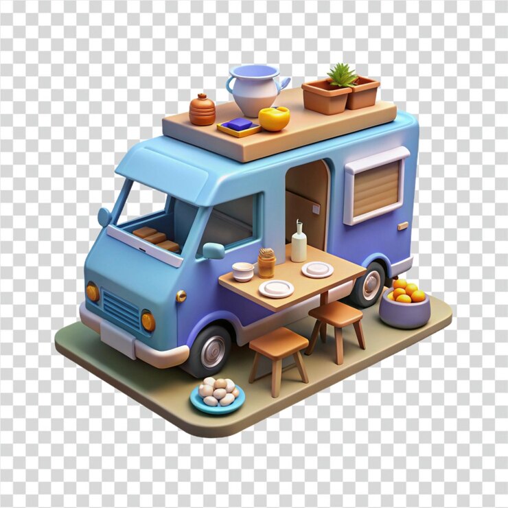 PSD cocina móvil de camión de comida renderización 3d de camioneta con comedor al aire libre