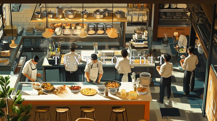 PSD cocina de un restaurante iluminada por el sol con chefs preparando comida