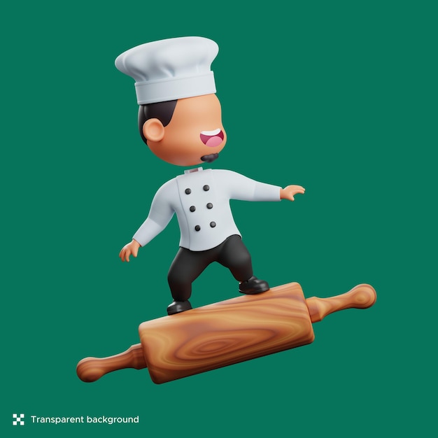 Cocinero 3d parado en el rodillo volador. linda ilustración de personaje