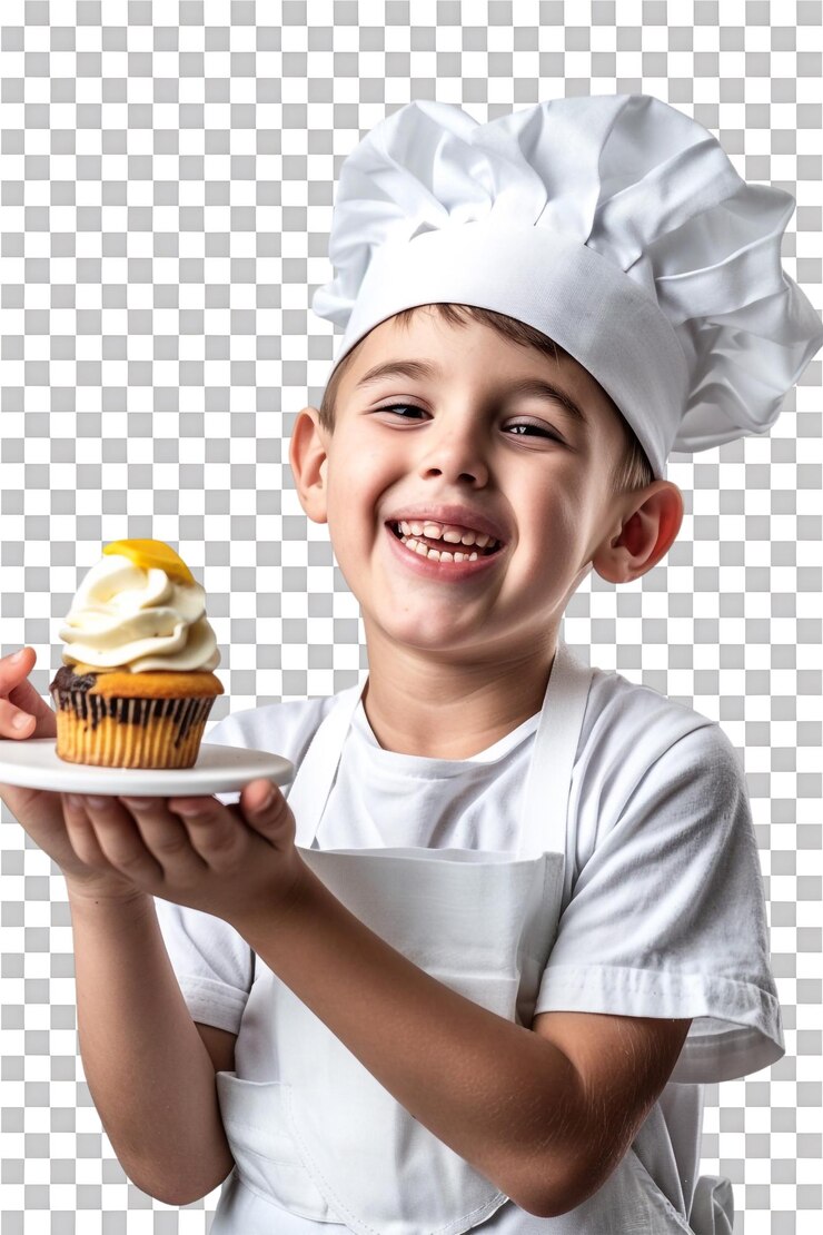 PSD un cocinero niño feliz sosteniendo un pastel solo contra un fondo transparente