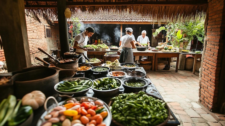 PSD los cocineros preparan una comida vibrante en una cocina al aire libre