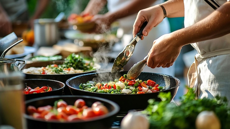 PSD los cocineros preparan un frito de verduras vibrante en grandes woks en un evento de cocina al aire libre