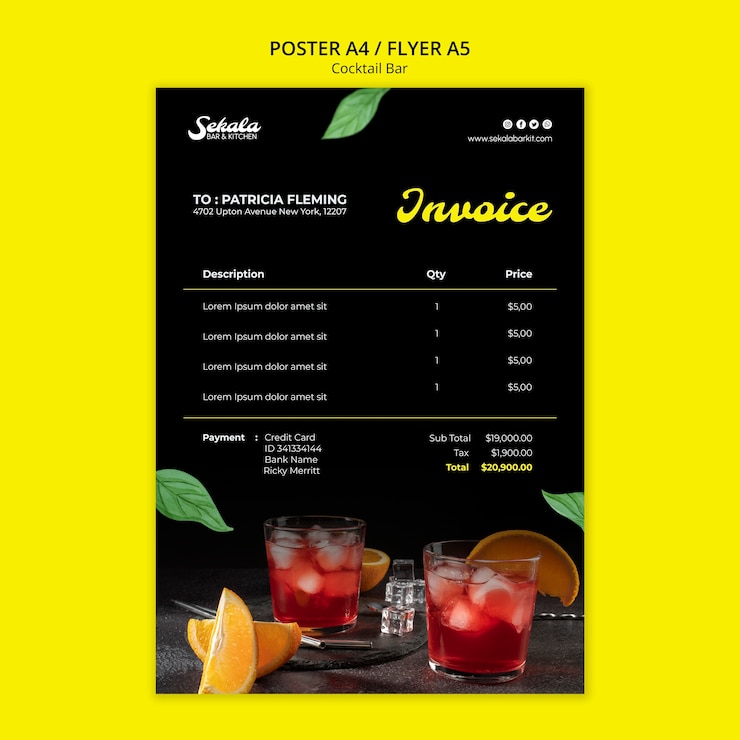 PSD cocktail bar con fattura di bevande deliziose