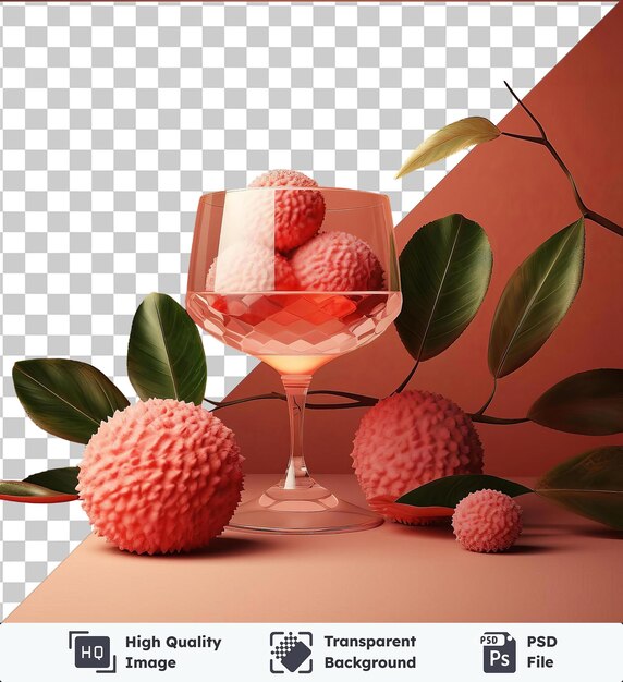 PSD un cocktail exotique de litchi servi dans un verre transparent sur un fond transparent entouré de feuilles vertes et d'une boule rouge contre un mur rose et rouge