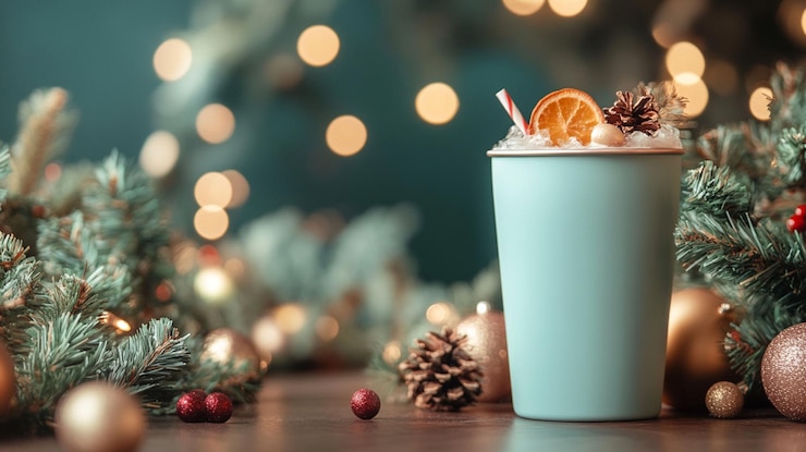 PSD cocktail natalizio festivo in una tazza di teal con ornamenti e rami di pino