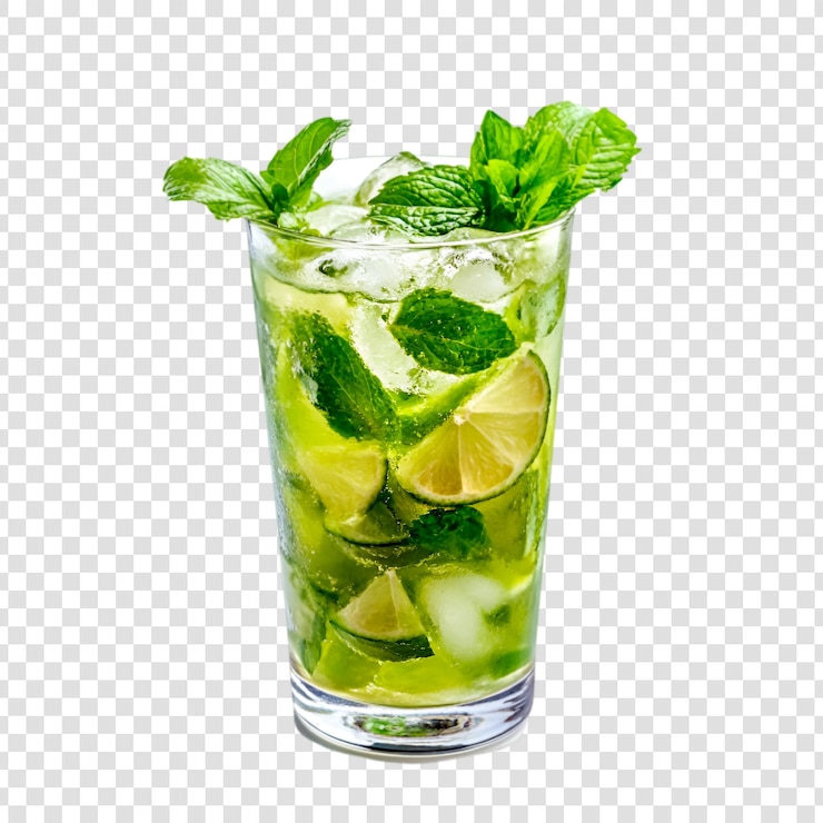 PSD un cocktail rafraîchissant de mojito dans un verre avec du citron et des cubes de glace sur un fond transparent