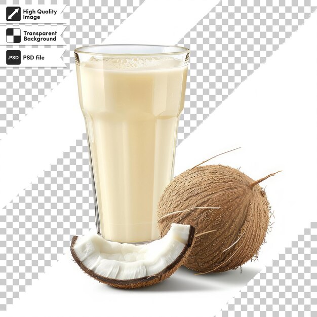 un coco y una bebida de coco se muestran en un fondo blanco