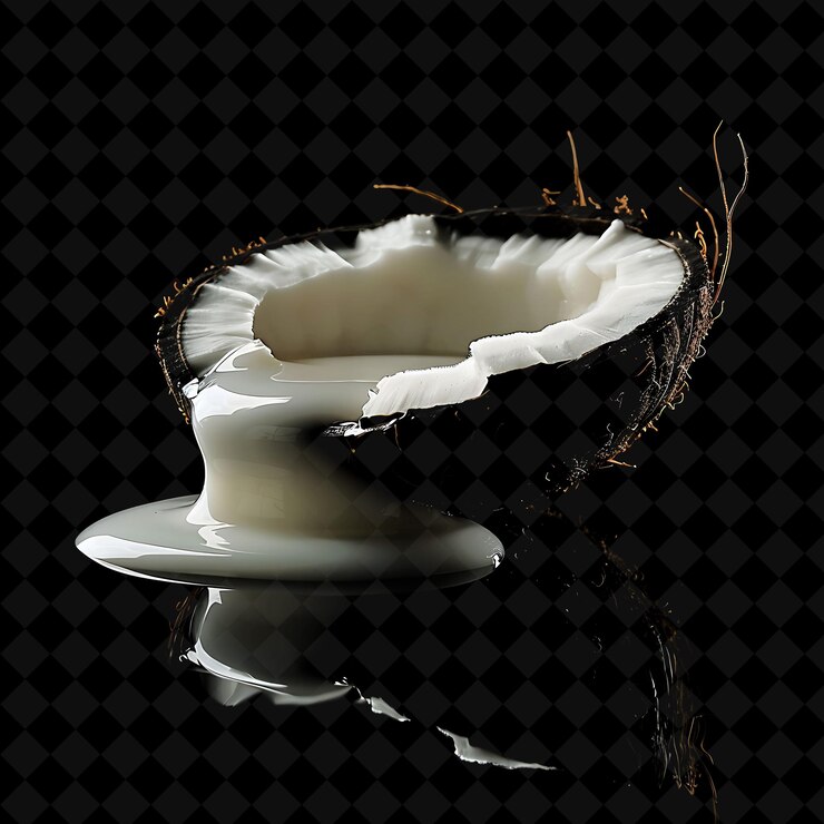 PSD un coco con una cáscara blanca y un fondo negro con un reflejo