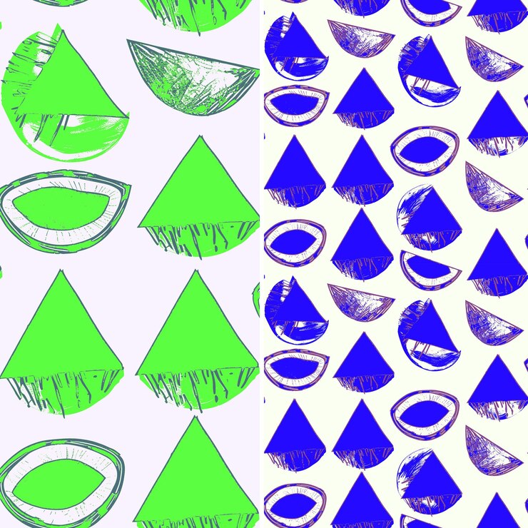 PSD coco con cáscara peluda y diseño tropical con triangular único vector de patrón de frutas tropicales