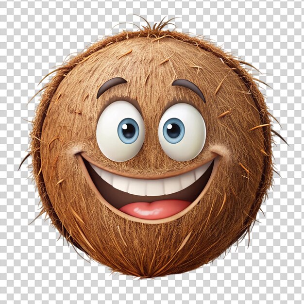 Un coco feliz con una lengua rosada en un fondo transparente