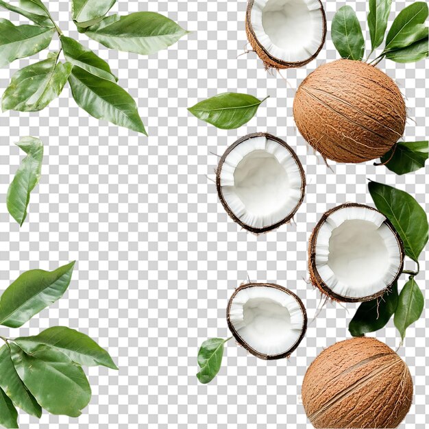 Coco fresco con hojas aisladas sobre un fondo transparente