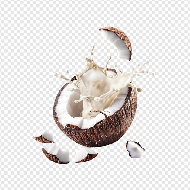 Coco fresco con salpicaduras de leche aislado sobre un fondo transparente por generativo de IA