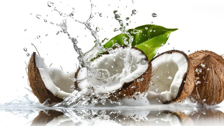 PSD coco fresco salpicando en el agua con hojas verdes vibrantes en una composición de alta calidad en una superficie brillante