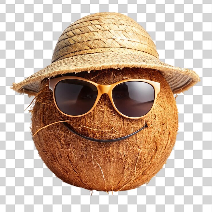 PSD coco fresco con sombrero gafas de sol aisladas sobre un fondo transparente