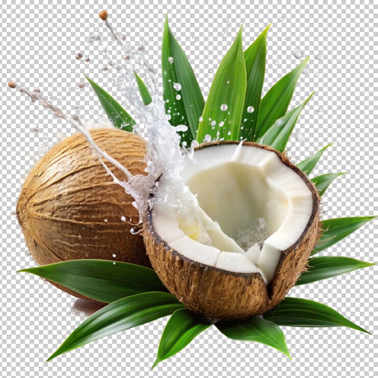 PSD coco con hojas y salpicaduras de jugo en un fondo transparente