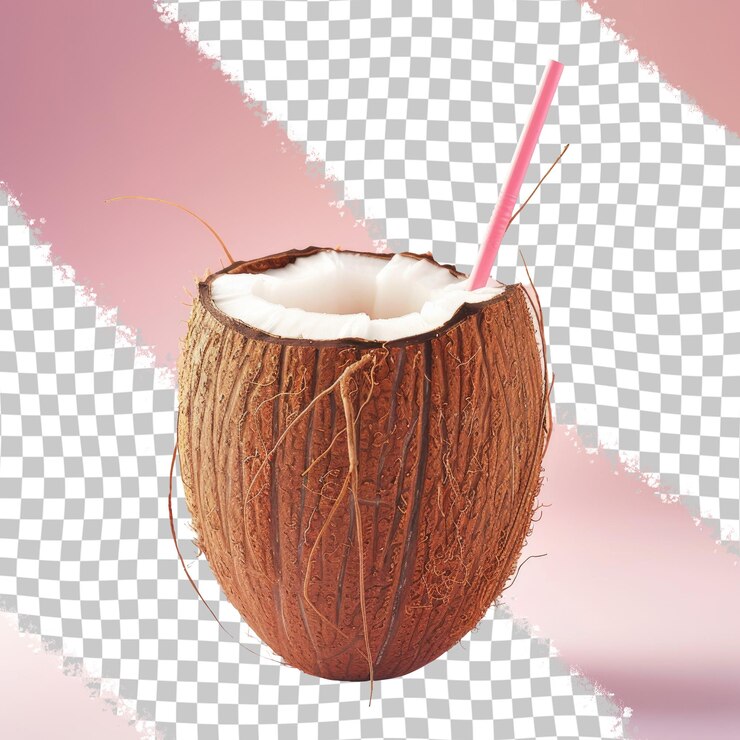 PSD un coco con una paja en él y una paja en el medio