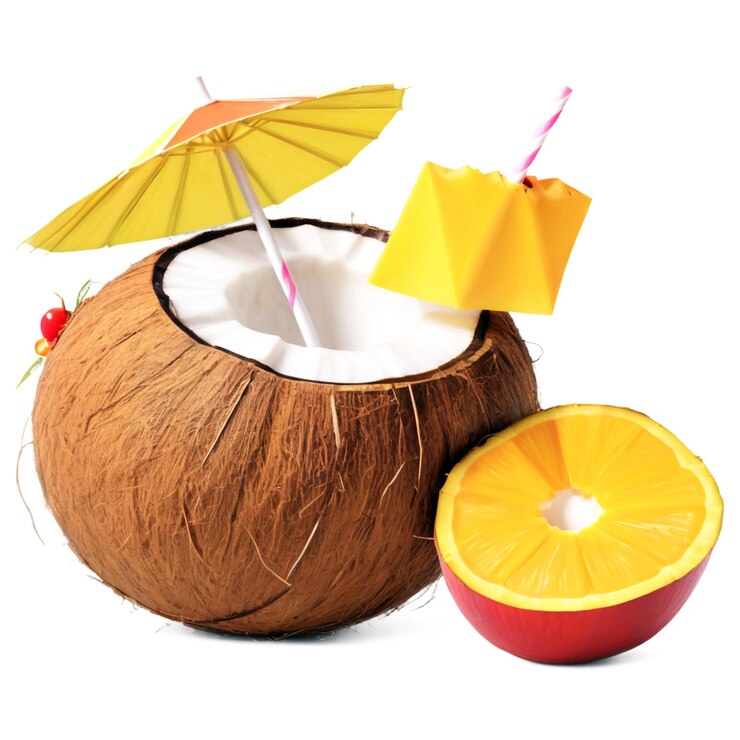 PSD un coco y un par de paraguas con una paja y un paraguas amarillo