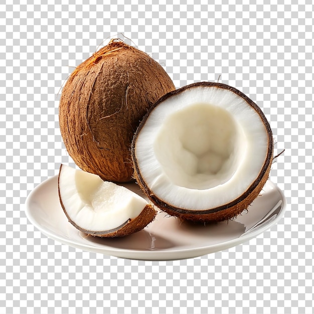 Un coco en un plato blanco aislado sobre un fondo transparente