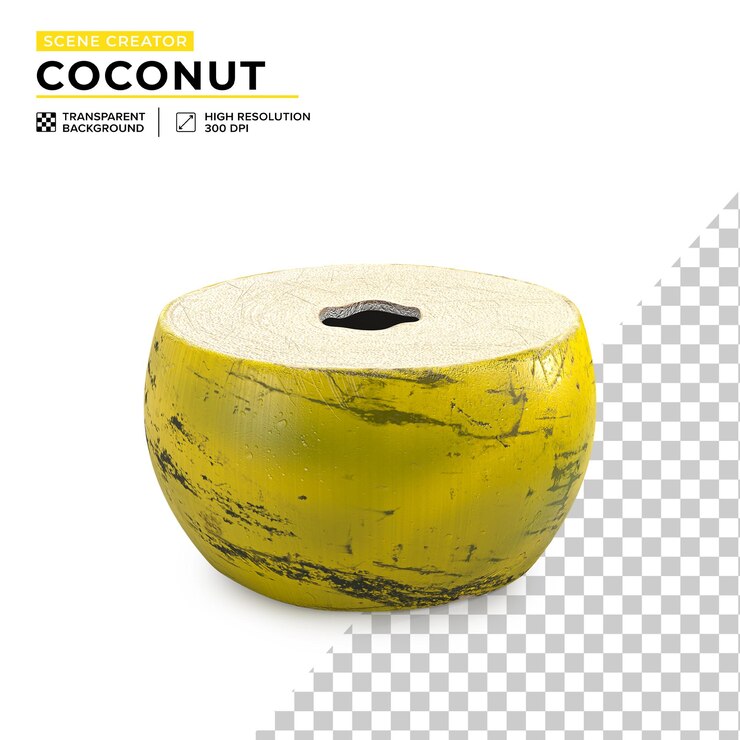 PSD coco verde fresco con manchas oscuras y un agujero en la parte superior para beber agua de coco