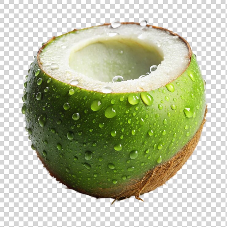 PSD coco verde con gota de agua aislada sobre un fondo transparente