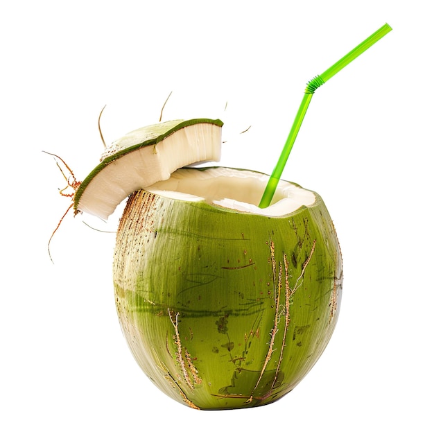 Coco verde con paja para beber aislada