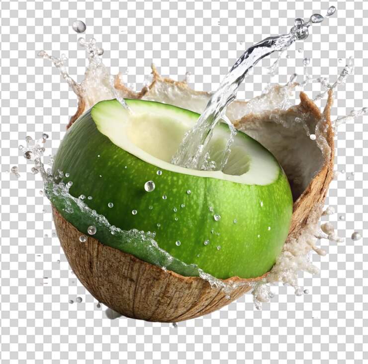 PSD coco verde con salpicaduras de agua de coco aisladas sobre un fondo transparente