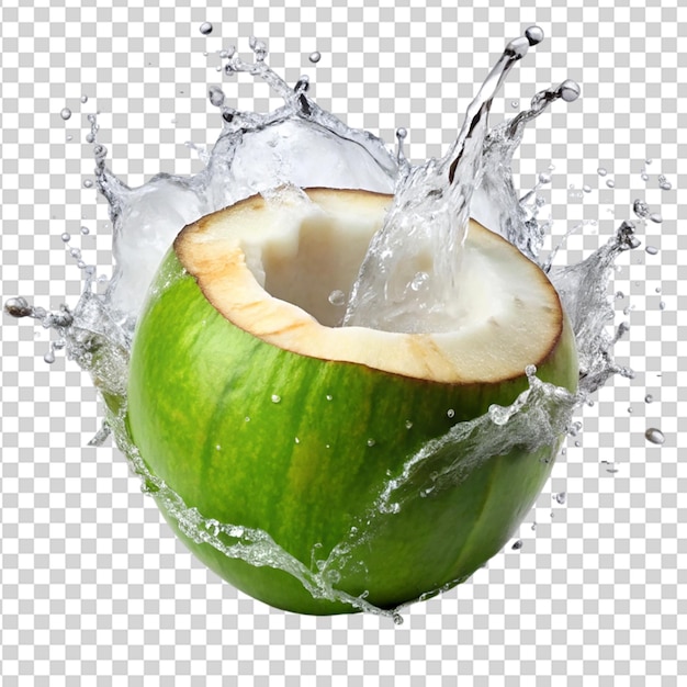 Coco verde con salpicaduras de agua de coco aisladas sobre un fondo transparente