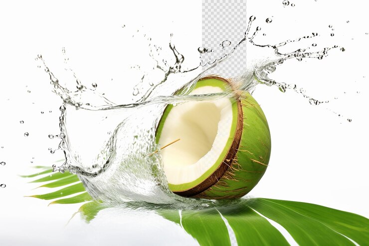 PSD coco verde con salpicaduras de agua de coco con hoja de palma en un fondo transparente