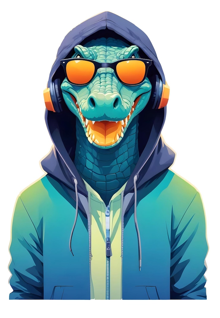 PSD cocodrilo con capucha animales divertidos y geniales ilustración de personajes gráfico vectorial