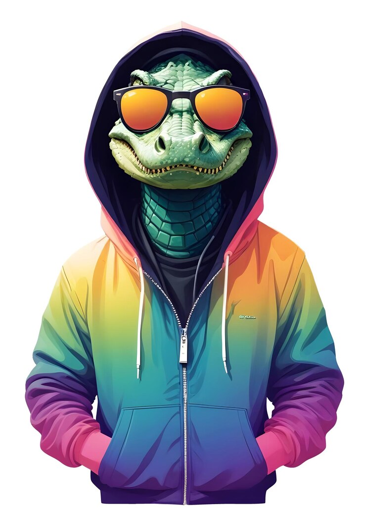PSD cocodrilo con capucha animales divertidos y geniales ilustración de personajes gráfico vectorial