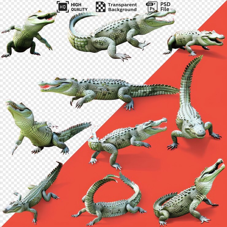PSD cocodrilos de dibujos animados en varias poses aislados en un fondo transparente