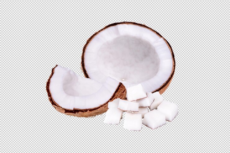 PSD coconut sliced and diced pieces on a transparent backdrop