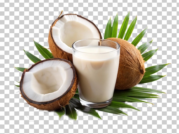 Cocos abertos copo de leite de coco caseiro e pedaços de coco em fundo transparente png