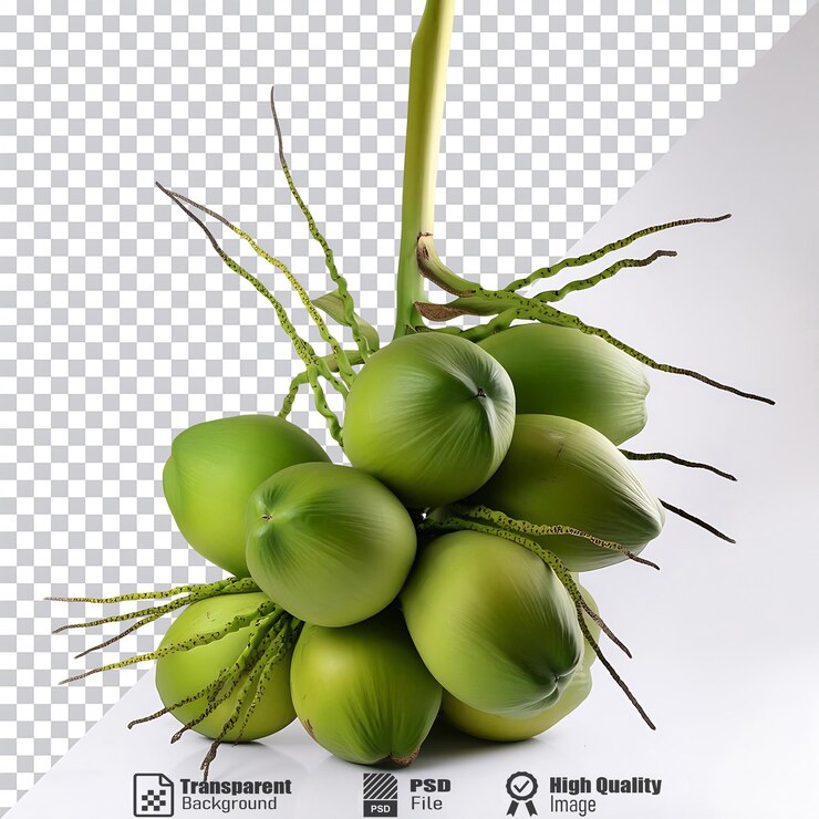 PSD cocos verdes frescos con racimos de hojas