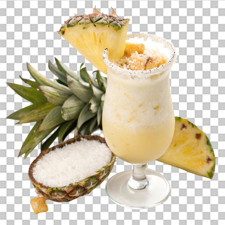 PSD cóctel de pina colada con rebanada de piña aislada sobre un fondo transparente